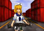  artist_name blonde_hair chacochaco commentary_request dress eyebrows_visible_through_hair gun hat highres kitashirakawa_chiyuri m249 machine_gun sailor_dress sailor_hat shipping_container shorts touhou touhou_(pc-98) weapon yellow_eyes 