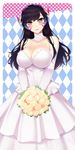  absurdres bangs blue_background blush border bouquet breasts bride brown_eyes brown_hair checkered checkered_background choker cleavage collarbone d.va_(overwatch) dress elbow_gloves eyebrows_visible_through_hair facepaint facial_mark flower gloves head_tilt headphones highres holding holding_bouquet lace lace-trimmed_dress large_breasts light_smile long_hair looking_at_viewer nanomate3 overwatch patterned_background rose solo strapless strapless_dress swept_bangs upper_body wedding_dress whisker_markings white_background white_border white_choker white_dress white_flower white_gloves white_rose 