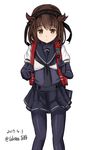  2017 backpack bag black_bodysuit black_neckwear black_sailor_collar black_skirt bodysuit brown_hair celestea_tera cowboy_shot crime_prevention_buzzer dated hair_flaps hairband hatsuzuki_(kantai_collection) headband highres kantai_collection looking_down neckerchief pantyhose pleated_skirt randoseru sailor_collar school_uniform serafuku short_hair simple_background skirt solo twitter_username white_background yellow_eyes 