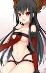  bangs black_hair blush breast_press breasts chixiao collarbone eyebrows_visible_through_hair fang hair_between_eyes highres large_breasts long_hair looking_at_viewer naughty_face navel open_mouth red_eyes skindentation slit_pupils smile solo teeth tower_of_saviors tsurime wide_hips 