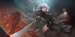  absurdres black_legwear blindfold breasts cleavage cleavage_cutout facing_away highres holding holding_sword holding_weapon large_breasts mole mole_under_mouth nier_(series) nier_automata shon short_hair solo sword thighhighs weapon white_hair yorha_no._2_type_b 