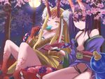  bare_shoulders blonde_hair cup facial_mark fang fate_(series) highres horns ibaraki_douji_(fate/grand_order) japanese_clothes kimono long_hair looking_at_viewer marionette_(excle) multiple_girls off_shoulder one_eye_closed oni oni_horns pointy_ears purple_eyes purple_hair sakazuki short_hair shuten_douji_(fate/grand_order) slit_pupils smile yellow_eyes yellow_kimono 
