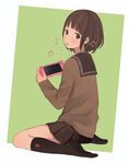  beamed_eighth_notes black_legwear black_sailor_collar bob_cut brown_blouse brown_eyes brown_hair brown_shirt brown_skirt earbuds earphones eighth_note from_side full_body handheld_game_console holding kneeling long_sleeves looking_at_viewer looking_to_the_side musical_note nakamura_hinata no_shoes original playstation_vita pleated_skirt sailor_collar school_uniform serafuku shirt short_hair skirt sleeves_past_wrists solo 