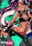  :d artist_name bare_shoulders breasts cleavage crop_top dark_skin fingerless_gloves gloves green_eyes green_legwear green_nails iida_(splatoon) kaida_michi looking_at_viewer makeup mascara medium_breasts midriff mole mole_under_mouth nail_polish navel_piercing octarian open_mouth pantyhose pantyhose_under_shorts partially_unzipped piercing purple_hair short_shorts shorts smile solo splatoon_(series) splatoon_2 teeth tentacle_hair zipper zipper_pull_tab 