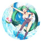  :d ball banajune bare_shoulders beachball bikini breasts collarbone commentary_request green_eyes green_hair hair_ribbon hairband hatsune_miku headphones headset leaning_forward long_hair medium_breasts navel open_mouth revision ribbon smile solo splashing standing striped striped_bikini swimsuit teeth twintails very_long_hair vocaloid wading water water_drop 