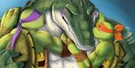  2016 anthro bakameganekko blush crocodile crocodilian donatello_(tmnt) group leatherhead licking male male/male michelangelo_(tmnt) reptile scalie size_difference teenage_mutant_ninja_turtles tongue tongue_out turtle 