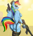  2013 anthro anthrofied army assault_rifle belt blue_feathers blue_fur breasts butt camo clothed clothing cloud cutie_mark day desert digital_media_(artwork) equine eyewear feathered_wings feathers female friendship_is_magic fur garter_belt garter_straps glasses gloves gun hair handgun hat hi_res holding_object holding_weapon jrvanesbroek looking_at_viewer looking_back m16 mammal multicolored_hair multicolored_tail my_little_pony nipples outside patrol_cap pegasus pistol purple_eyes rainbow_dash_(mlp) rainbow_hair rainbow_tail ranged_weapon rifle simple_background skimpy sky smile smirk solo standing stars_and_stripes sun sunglasses text thong united_states_of_america weapon wings 