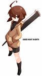  1girl ahoge bike_shorts boots breasts brown_eyes brown_hair expressionless full_body holding holding_weapon jacket karukan_(monjya) linne looking_at_viewer petite short_hair shorts simple_background standing sword under_night_in-birth weapon 