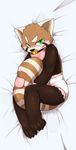  bed bib blush cub diaper embarrassed green_eyes lying male mammal mittens pacifier red_panda solo young メルんぱん 