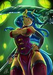  2017 absurd_res anthro anthrofied armwear blue_hair breasts cleavage clothed clothing elbow_gloves equine eyewear fan_character fangs female gloves hair hi_res horn horse light262 looking_at_viewer low-angle_view mammal melee_weapon my_little_pony polearm scythe solo succubus unicorn weapon worm&#039;s-eye_view 