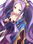 bare_shoulders blush breasts chinese_clothes dress fate/grand_order fate_(series) frills long_hair purple_eyes purple_hair smile tongue tongue_out twintails wu_zetian_(fate/grand_order) 