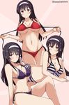  :/ arm_support armpit_peek bangs banned_artist bare_arms bare_shoulders bikini black_hair blush breasts cleavage collarbone commentary_request cosplay crossed_legs groin hairband halter_top halterneck kasumigaoka_utaha katou_megumi katou_megumi_(cosplay) knee_up long_hair looking_at_viewer lying medium_breasts multi-strapped_bikini multiple_views navel on_side pink_background purple_bikini purple_eyes red_bikini saenai_heroine_no_sodatekata sawamura_spencer_eriri sawamura_spencer_eriri_(cosplay) side-tie_bikini sitting smile stomach striped striped_bikini swimsuit tasora twitter_username underboob undressing untied untied_bikini 