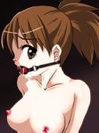  1girl aozora_p ball_gag bdsm bondage bound brown_eyes brown_hair drooling gag hirasawa_ui k-on! nipples nude ponytail slave solo tears ui_hirasawa 