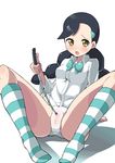  blush bow bowtie braid gym_leader hair_ornament hairclip momogesomaru multi-tied_hair panties pointer pokemon pokemon_(game) pokemon_dppt poking ribbon shy socks solo spread_legs striped striped_legwear suzuna_(pokemon) tears twin_braids underwear white_panties yellow_eyes 