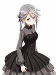  ange_(princess_principal) bai_banca black_dress blue_eyes blush braid commentary_request dress from_above hair_ribbon highres lolita_fashion long_sleeves looking_at_viewer open_mouth princess_principal puffy_sleeves ribbon short_hair silver_hair single_braid solo white_background 
