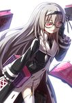  alternate_costume blonde_hair blush book braid glasses glowing glowing_eyes gretel_(mary_skelter) hair_ornament hairband long_hair looking_at_viewer mary_skelter mizunashi_(second_run) red_eyes smile solo 