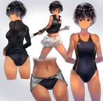  arms_behind_back ass black_hair black_jacket black_shirt black_swimsuit breasts cafe_au_lait_(kafeore) close-up collarbone competition_swimsuit dark_skin gradient gradient_background jacket long_sleeves looking_at_viewer looking_back medium_breasts midriff multiple_views navel one-piece_swimsuit original racket shiny shiny_hair shirt short_hair simple_background skindentation skirt sleeveless sleeveless_shirt sportswear sweat swimsuit swimsuit_under_clothes tennis tennis_racket tomboy upper_body white_skirt yellow_eyes 