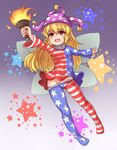 american_flag_dress american_flag_legwear bad_id bad_pixiv_id bangs blonde_hair bushi_(1622035441) clownpiece eyebrows_visible_through_hair fire full_body gradient gradient_background hair_between_eyes hat highres holding jester_cap long_hair long_sleeves looking_away neck_ruff no_panties open_mouth pantyhose pantyhose_pull pointy_ears polka_dot polka_dot_hat print_legwear purple_background purple_hat red_eyes solo star star_print striped teeth torch touhou 