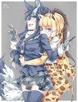 animal_ears blonde_hair commentary_request falco_arrow fur_collar giraffe_ears giraffe_horns grey_wolf_(kemono_friends) highres holding holding_pen holding_pencil hug hug_from_behind kemono_friends long_hair long_sleeves multicolored multicolored_clothes multicolored_hair multicolored_legwear multiple_girls necktie open_mouth pen pencil reticulated_giraffe_(kemono_friends) shirt skirt smile tail two-tone_hair white_hair wolf_ears yuri 