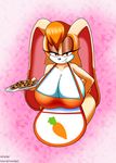  2017 anthro apron big_breasts breasts cleavage clothed clothing cookie cornchip21 female food hi_res huge_breasts lagomorph looking_at_viewer mammal mature_female rabbit ravnic smile solo sonic_(series) vanilla_the_rabbit 