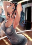  arched_back armpits arms_up black_hair blue_eyes breasts cleavage collarbone commentary_request grey_shirt hair_pulled_back hands_in_hair head_tilt hips idolmaster idolmaster_cinderella_girls indoors jpeg_artifacts large_breasts long_hair looking_at_viewer looking_to_the_side mirror nohito puckered_lips sagisawa_fumika shiny shiny_skin shirt shorts solo sweat sweatdrop tank_top 