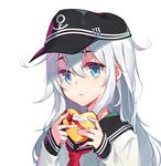  anchor_symbol black_hat blue_eyes blue_hair eyebrows_visible_through_hair gift happy_birthday hat hibiki_(kantai_collection) highres holding holding_gift kantai_collection long_hair long_sleeves looking_at_viewer luode_huayuan red_ribbon ribbon solo upper_body 