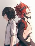  2boys abs back-to-back black_hair boku_no_hero_academia closed_eyes collared_shirt commentary_request dual_persona from_side half-closed_eyes ke02152 kirishima_eijirou multiple_boys pants red_eyes red_hair sad school_uniform sharp_teeth shirt shirtless smile spiked_hair teeth younger 