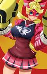  arms_(game) blonde_hair blue_eyes boxing_gloves breasts earrings hair_ribbon janong jewelry large_breasts lips long_hair looking_at_viewer mask ribbon ribbon_girl_(arms) skirt smile solo sparky_(arms) 