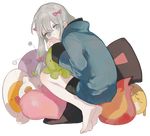  bad_id bad_pixiv_id bangs barefoot blue_eyes bow closed_mouth commentary eromanga_sensei eyebrows_visible_through_hair from_side grey_hair hair_bow hands_up heart heart_pillow izumi_sagiri long_hair long_sleeves looking_at_viewer looking_back lunch_(lunchicken) pillow pink_bow sidelocks solo stuffed_animal stuffed_cat stuffed_octopus stuffed_toy tiptoes transparent_background 