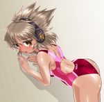  ass brown_eyes brown_hair competition_swimsuit cowboy_shot earmuffs from_side looking_at_viewer looking_to_the_side one-piece_swimsuit open_mouth pointy_hair red_swimsuit short_hair solo standing swimsuit touhou toyosatomimi_no_miko winn 