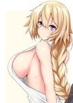 backless_dress backless_outfit bangs bare_shoulders black_bow blonde_hair blue_eyes blush border bow braid breasts commentary_request dress fate/apocrypha fate_(series) hair_between_eyes hair_bow highres jeanne_d'arc_(fate) jeanne_d'arc_(fate)_(all) large_breasts long_hair looking_at_viewer looking_to_the_side sankakusui shiny shiny_skin sideboob single_braid smile solo white_border white_dress yellow_background 