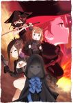  ange_(princess_principal) bangs beatrice_(princess_principal) belt black_hat black_scarf blonde_hair blue_bow blue_eyes blue_neckwear blunt_bangs bow bowtie breasts brown_eyes brown_hair cleavage cleavage_cutout covered_mouth dorothy_(princess_principal) double_bun eyebrows_visible_through_hair flower gun hair_between_eyes hair_flower hair_ornament hat highres holding holding_gun holding_sword holding_weapon jingasa katana large_breasts looking_at_viewer multiple_girls open_mouth parted_lips princess_(princess_principal) princess_principal red_eyes red_hair scarf sidelocks smile sword top_hat toudou_chise veil weapon 