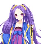  1girl blush breasts chinese_clothes cleavage dress fate/grand_order fate_(series) hair_ornament heart long_hair pink_eyes purple_hair smile twintails wide_sleeves wu_zetian_(fate/grand_order) 