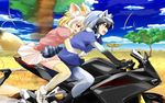  animal_ears black_hair blonde_hair blue_sky blush cloud commentary_request common_raccoon_(kemono_friends) day fang fennec_(kemono_friends) fox_ears fox_tail gradient_hair ground_vehicle highres hug hug_from_behind kemono_friends motor_vehicle motorcycle multicolored_hair multiple_girls multiple_riders open_mouth pantyhose pink_sweater pleated_skirt puffy_short_sleeves puffy_sleeves raccoon_ears raccoon_tail riding savannah short_hair short_sleeve_sweater short_sleeves skirt sky smile suzuki-shi sweater tail thighhighs tree two-tone_hair white_hair 