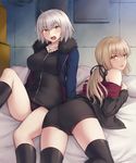  arm_support artoria_pendragon_(all) ass bed black_legwear black_panties black_shirt blonde_hair breasts brown_eyes cold_(hoshinoskull) fate/grand_order fate_(series) highres jacket jeanne_d'arc_(alter)_(fate) jeanne_d'arc_(fate)_(all) jewelry kneehighs large_breasts leaning_back leg_up legs long_hair looking_back lying multiple_girls necklace no_pants off_shoulder on_stomach open_mouth panties pillow ponytail ribbon saber_alter shirt short_hair short_shorts shorts shouting silver_hair sitting strap_slip thighhighs thighs underwear wicked_dragon_witch_ver._shinjuku_1999 yellow_eyes 