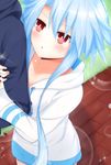  absurdres ahoge blue_hair blush clinging highres jacket looking_at_viewer neptune_(series) power_symbol red_eyes shironeko_haru short_hair_with_long_locks solo symbol-shaped_pupils white_heart 