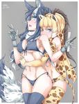  animal_ears bikini blonde_hair elbow_gloves falco_arrow giraffe_ears giraffe_horns gloves grey_wolf_(kemono_friends) highres holding holding_pen holding_pencil hug hug_from_behind kemono_friends long_hair multicolored multicolored_clothes multicolored_hair multicolored_legwear multiple_girls open_mouth pen pencil reticulated_giraffe_(kemono_friends) swimsuit tail thighhighs wolf_ears yuri 