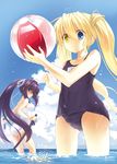  2girls :o ahoge anger_vein angry ass ass_visible_through_thighs ball bangs beachball beads blonde_hair blue_eyes blue_hair blue_swimsuit blush bubble clenched_hand clenched_teeth cloud collarbone colored_eyelashes commentary_request contrapposto covered_navel cowboy_shot day eyebrows_visible_through_hair from_side furrowed_eyebrows hair_intakes hair_ribbon hands_up heterochromia high_ponytail hips holding holding_ball holding_sheath holding_sword holding_weapon konohana_lucia light_particles long_hair long_ponytail looking_at_viewer looking_back multiple_girls nakatsu_shizuru name_tag nose_blush ocean old_school_swimsuit one-piece_swimsuit outdoors outstretched_arm parted_lips ponytail profile remotaro rewrite ribbon scabbard school_swimsuit sheath sidelocks sky split_ponytail standing straight_hair surprised swimsuit sword tassel teeth twintails unsheathed very_long_hair wading water weapon wet white_ribbon white_school_swimsuit white_swimsuit yellow_eyes 