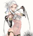  abs bare_shoulders chain detached_sleeves fate/grand_order fate_(series) fingerless_gloves flail gloves grey_eyes macaroni_tamago morning_star panties penthesilea_(fate/grand_order) solo underwear weapon white_background white_hair 