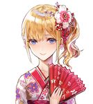  bangs blonde_hair blue_eyes earrings eyebrows_visible_through_hair fan floral_print flower flower_earrings hair_flower hair_ornament holding holding_fan japanese_clothes jewelry kim_eb kimono long_hair looking_at_viewer nail_polish obi original pink_kimono red_nails sash shiny shiny_hair side_ponytail simple_background smile solo upper_body white_background 