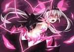  bangs black_gloves eyebrows_visible_through_hair fire flower gloves glowing glowing_eyes grey_hair hair_between_eyes hair_ribbon long_hair looking_at_viewer mary_skelter mizunashi_(second_run) navel nude open_mouth outstretched_arm oyayubihime_(mary_skelter) red_eyes ribbon solo tiara 