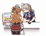  anger_vein bag blonde_hair bottle braid breasts brown_eyes cash_register employee_uniform grey_hair hat italian_flag kantai_collection lawson long_hair medium_breasts mini_hat multiple_girls pantyhose plastic_bag pola_(kantai_collection) tanaka_kusao thick_eyebrows translated uniform wavy_hair wine_bottle zara_(kantai_collection) 