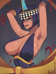  armpits arms_up black_hair blue_eyes breasts cleavage dark_skin eliza_(skullgirls) highres huge_breasts ryuji_(red-truth) short_hair sideboob skullgirls solo 