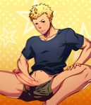  1boy blonde_hair blush erection lvlv male_focus muscle penis persona persona_5 sakamoto_ryuuji sitting solo sweat underwear undressing 