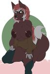  2017 absurd_res anthro big_breasts black_nose breasts brown_fur brown_nipples brown_pussy canine digital_media_(artwork) dipstick_tail eyewear female fur glasses hair hi_res long_hair looking_at_viewer mammal multi_tail multicolored_hair multicolored_tail niis nipples pussy simple_background smile solo two_tone_hair white_background 