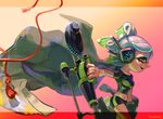  bike_shorts breasts cape commentary_request domino_mask fang from_side hair_ornament headphones hero_charger_(splatoon) hotaru_(splatoon) mask mole mole_under_eye navel open_mouth pointy_nose shirt short_sleeves smile solo splatoon_(series) splatoon_2 squidbeak_splatoon tentacle_hair tied_hair tight_shirt weapon 