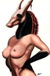  2012 anthro arm_markings big_breasts black_markings breasts captainninja claws facial_markings female frill hand_on_hip horn humanoid_hands looking_at_viewer markings navel nipples scalie shadow signature simple_background snout white_claws 