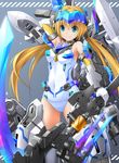  aqua_eyes arm_behind_head bare_shoulders blonde_hair breasts commentary covered_navel elbow_gloves eyebrows_visible_through_hair frame_arms_girl gloves grey_background hair_between_eyes headgear highres holding holding_weapon hresvelgr_ater long_hair looking_at_viewer mecha_musume medium_breasts school_swimsuit scythe smile solo swimsuit twintails weapon white_gloves white_school_swimsuit white_swimsuit zb 