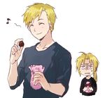  alphonse_elric annoyed bag black_shirt blonde_hair blue_shirt bow brothers chibi chocolate closed_eyes edward_elric eighth_note envy eyebrows_visible_through_hair frown fullmetal_alchemist happy long_hair long_sleeves lowres male_focus multiple_boys musical_note ponytail riru shirt short_hair siblings simple_background smile sweatdrop white_background 