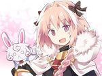  astolfo_(fate) braid cape fang fate/apocrypha fate/grand_order fate_(series) fou_(fate/grand_order) fur_trim hair_ribbon long_hair looking_at_viewer male_focus otoko_no_ko pink_hair purple_eyes ribbon rioshi smile solo 